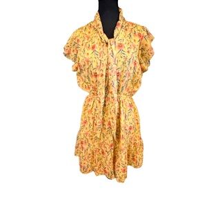 Hayden Mustard Yellow Ruffle Sleeve Pleated Mini Dress M Elastic Waist Lined